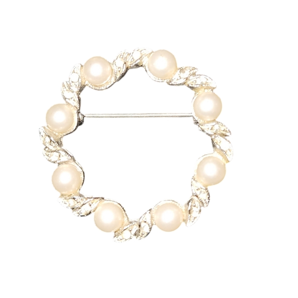 Vintage Circle Rhinestone Faux Pearl Brooch